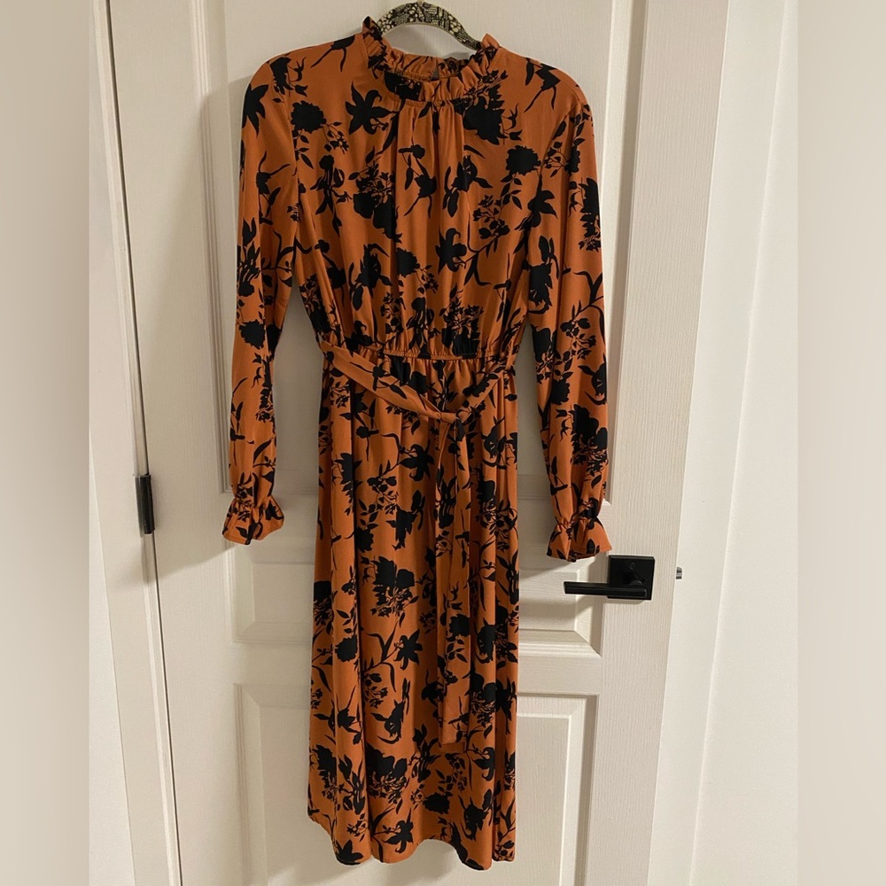 Floral Long Sleeve Dress in Black and Burnt Orange